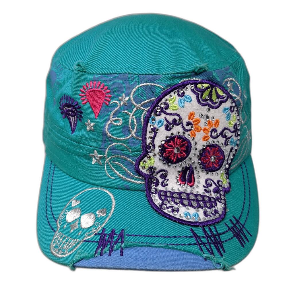 Sugar Skull Slideback Cadet Army Cap Blue One Size Embroidered Leader